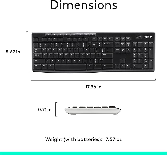Logitech K270 Wireless Keyboard for Windows, 2.4 GHz Wireless, Full-Size, Number Pad, 8 Multimedia Keys, 2-Year Battery Life, Compatible with PC, Laptop, Black
