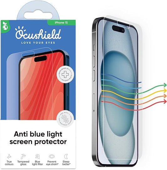 Ocushield Anti Blue Light Tempered Glass Screen Protector for iPhone 15 (6.1") - Protect Your Eyes, Reduce Migraines & Improve Sleep