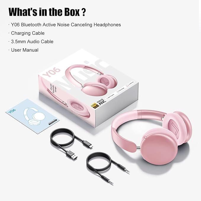 Wentronic Y06 Noise Cancelling Headphones,58H Playtime and 5 EQ Music Modes Wireless Over Ear Bluetooth Headphones with Microphone,Lossless Audio,Multipoint Connection,Foldable,Lightweight,Pink