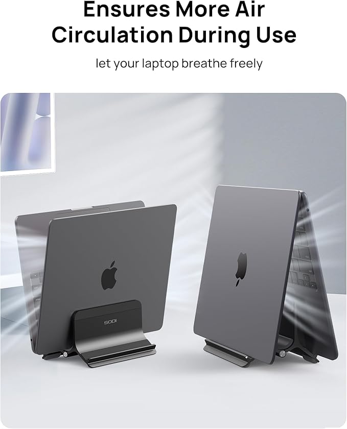 SODI Vertical Laptop Stand Holder for Desk Compatible with MacBook Air, MacBook Pro Stand Vertical Aluminum Up to 17 inch, Gravity Auto-Lock Cooling, 3-in-1 Space Saving Desk Organizer Accessories