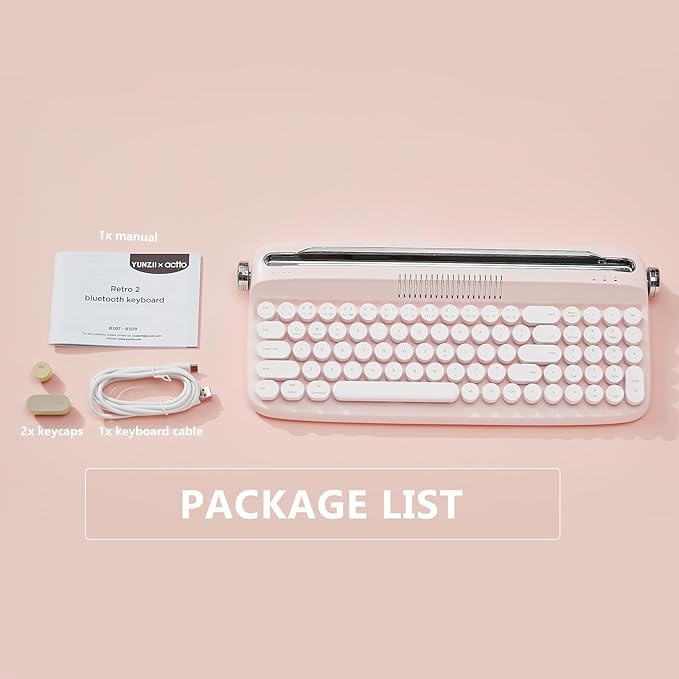 YUNZII Upgraded Wireless Typewriter Keyboard,with Retro Integrated Stand,USB-C/Bluetooth,Cute Round Keycaps, USB-C/Bluetooth Connection for Table, Phone, PC and Win/Mac/Android (B309, Baby Pink)