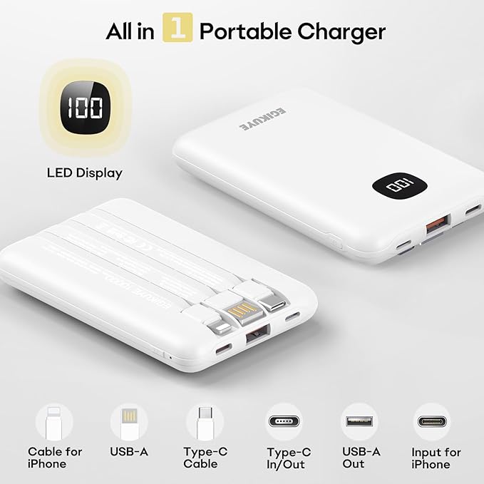 Portable Charger 10000mAh Power Bank with Digital Display, External Battery Pack with Built-in Cables, Ultra-Compact USB-C in&Out Travel Essential for iPhone, Android, Samsung etc