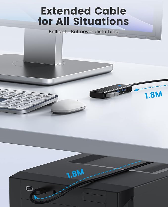 ORICO USB 3.0 Hub, 4-Port USB Hub with Long Cable, Ultra Slim USB Splitter for Laptop MacBook Pro, iMac, Surface Pro, XPS, PS5，PC, Flash Drive, Mobile HDD (Black/6ft)