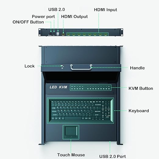 MT-VIKI® Rack Mount KVM HDMI with 17.3'' LCD Monitor, 1080P Support OSD/Hotkey, Included 8 KVM Cables+Keyboard + Touchpad, Fit 1U 19'' Rack