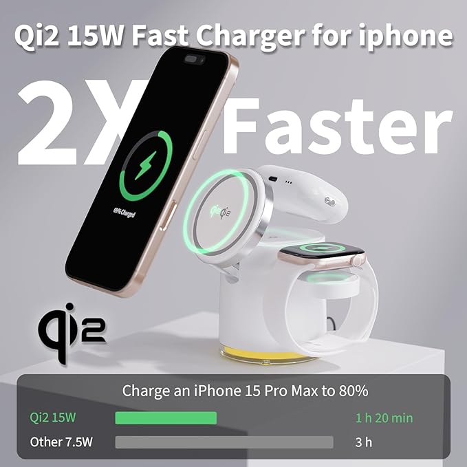3 in 1 Wireless Charging Station,Qi2 Certified 15W Magnetic Wieless Charger with Night Light,for iPhone 12-17 Series,Apple Watch,Airpods (White)