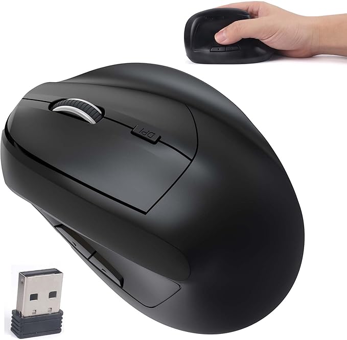 Wireless Ergonomic Bluetooth Mouse Vertical Dual Mode Rechargeable Silent Portable High Precision Optical Cordless Mice with USB Receiver for PC/Laptop/Tablet/MacBook Boy Girl,Reduce Wrist Pain（Black）