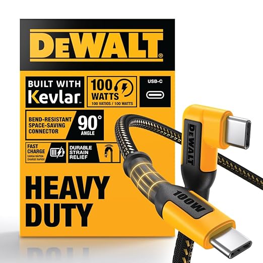 DEWALT 90-Degree Angled 100W USB C Cable, Heavy Duty Jobsite 100 Watt USB C Cable, High Speed Type-C to Type-C, PD USBC Fast Charging Cord for iPhone 17/16/15 Plus Pro Max MacBook iPad Samsung, 4 ft