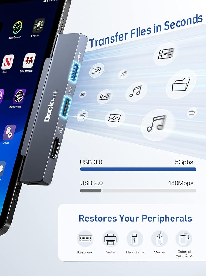 iPad Pro USB C Hub Multiport Adapter - Dockteck USBC Hub 5 in 1 with 100W PD, 4K 60Hz HDMI, Audio, USB 3.0, USB C Dock with Magnetic Grip for iPad Pro 12.9 2021 2020 2018, iPad Air, iPad mini 6