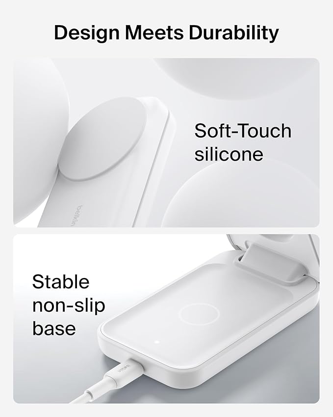 Belkin MagSafe Charger Compatible, 3-in-1 Charging Station, Qi2.2 25W Magnetic Wireless Charger Dock, Foldable Charging Stand for iPhone 17/16/15, Apple Watch, AirPods, Pixel 10 (45W Adapter Included)