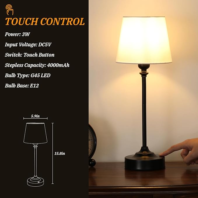 Kakanuo Cordless Table Lamp Rechargeable Black - 1 Pack 4000mAH Battery Operated Lamp for Decor, 3000K Stepless Dimming Touch Control Wireless Lamp for Bedroom, Dining Table, Kitchen, Living Room
