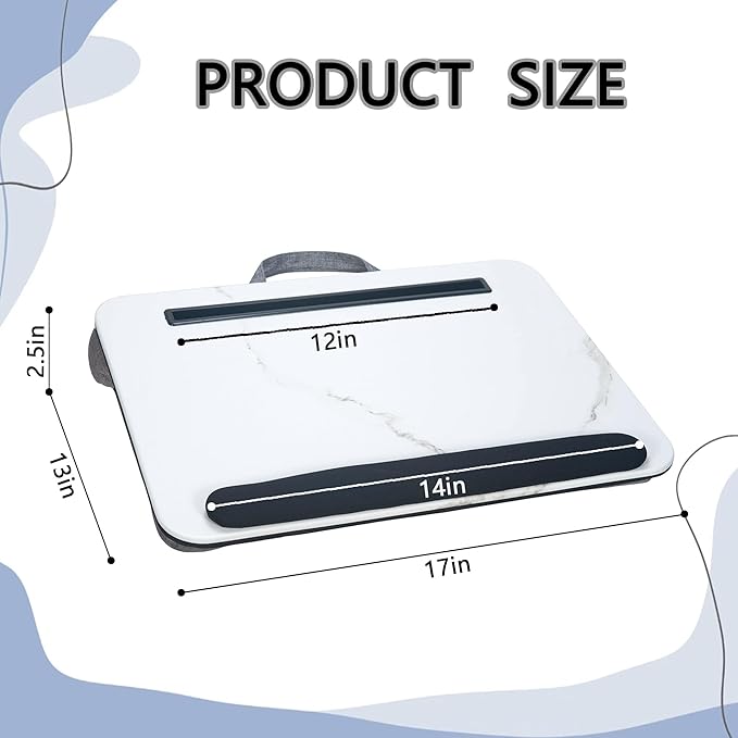 Portable Laptop Desk Fits Up to 16“ Laptops, with Tablet Slot, Built-in Cushion, Great for Home & Office,Lap Desk for Laptop,Lap Desk with Cushion (White Marble with Wrist Rest, Medium)