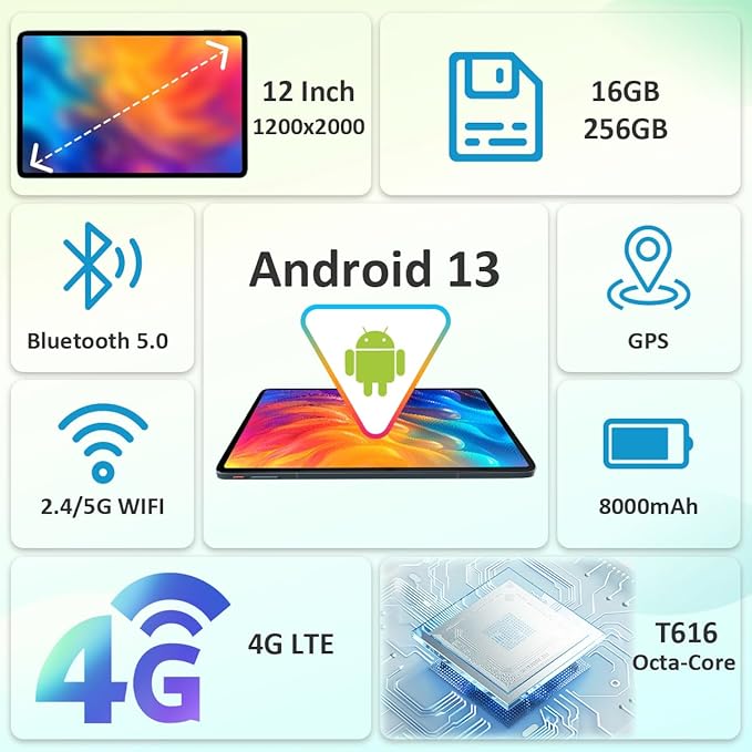 Android Tablet with SIM Card Slot Unlocked, 12 in Large Tablets, 16GB RAM+256GB ROM, 4G LET Cellular Tablet, WiFi BT5.0 GPS Octa-Core, 8000mAh, Dual Camera, Supports Telephone Functions