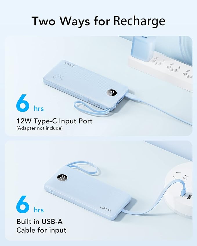 VRURC 10000mAh Power Bank Built-in Cables, Portable Charger with LED Display, Slim Travel Battery Pack with Cords, 5 Output Dual Input Phone Charger for Cell Phone Smart Devcies-Blue(1 Pack)