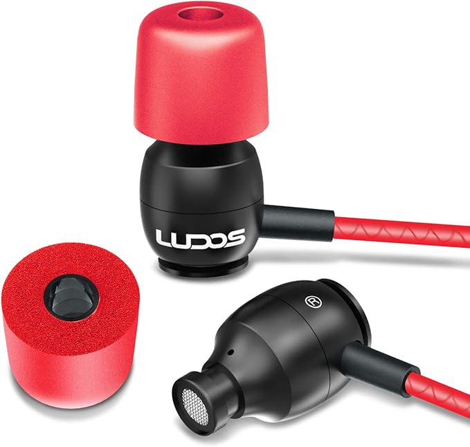 LUDOS Clamor Wired Earbuds in-Ear Headphones, 5 Years Warranty, Earphones with Microphone, Noise Isolating Ear Buds, Memory Foam for iPhone, Samsung, School Students, Kids, Women, Small Ears - Red