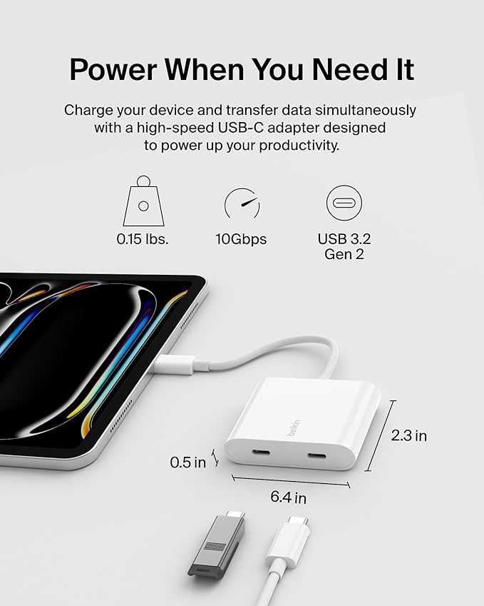Belkin USB C Splitter - Dual Port Hub - 1 x USB-C 3.2 Gen2 Port & 1 x 100W PD Port - Simultaneous Data Transfer & iPhone Charger Fast Charging - Apple iPhone 17, iPad, Nintendo Switch 2 & More - White