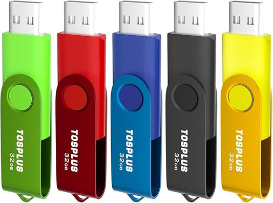 5 Pack 32GB USB Flash Drives USB 2.0 Thumb Drives Memory Stick Data Storage Jump Drive Swivel Design (Black/Green/Blue/Red/Gold)