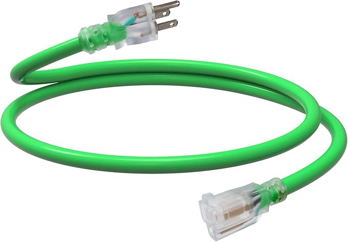 EP 3 Ft Outdoor Extension Cord, 12/3 SJTW Heavy Duty Waterproof Power Cable, 3 Prong Grounded Plug, Lighted End, for Lawn, Garden, Appliances, Green