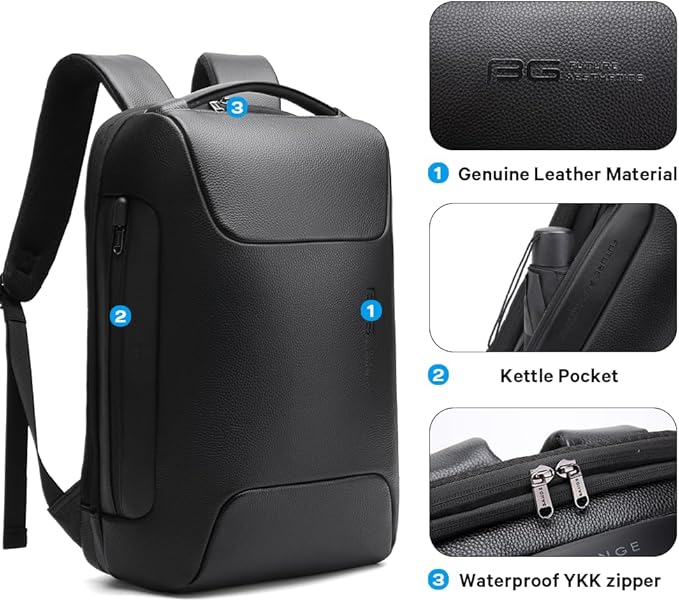 BANGE Genuine Leather Laptop Backpack Fits 15.6 Inch,Anti Theft Business Back Pack with TSA Lock, Office Work Backpack with USB3.0 Charging Port for Men and Women…