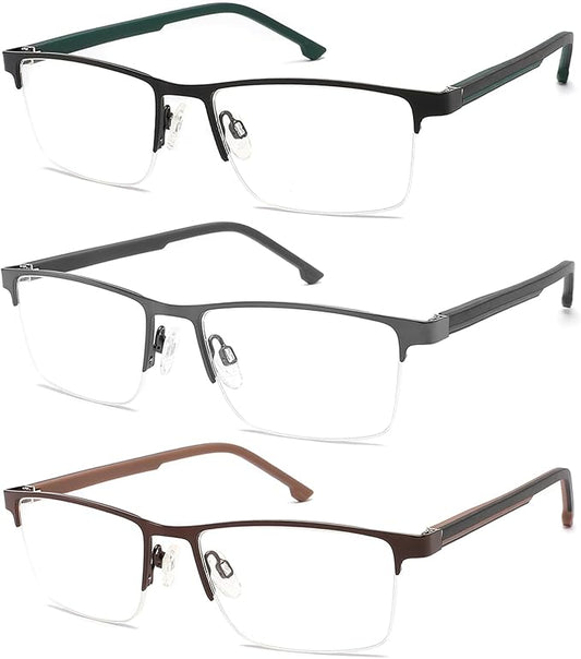 CRGATV 3 Pack Reading Glasses for Men Half Rim Metal Frame Readers Durable Anti Blue Light UV400 / Glare Computer Eyeglasses
