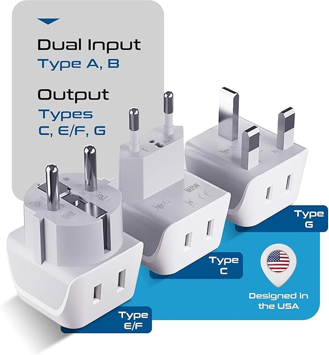 Ceptics Complete European Travel Adapter Set - 2 In 1 Usa to Europe, Germany, England, Spain, Italy, Iceland, France, (Type G, E/F, Type C) - 3 Pack, Safe Grounded Perfect for Cell Phones, Laptops