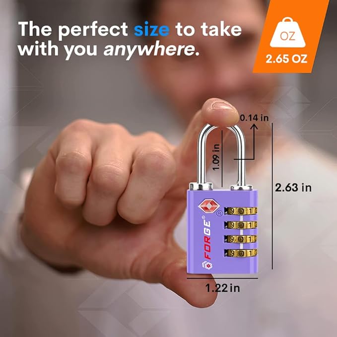 Forge Dual-Opening: Key or Combination Access Lock, TSA Approved Locks for Luggage, Pelican case, Travel, Gym, School, Stainless Steel Shackle. (Purple, 2 Pk)