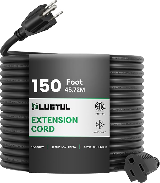 150 FT Outdoor Extension Cord Waterproof, 16/3 Black Heavy Duty 3 Prong Extension Cord, 10A 1250W SJTW, ETL Listed, Great for Garden and Home