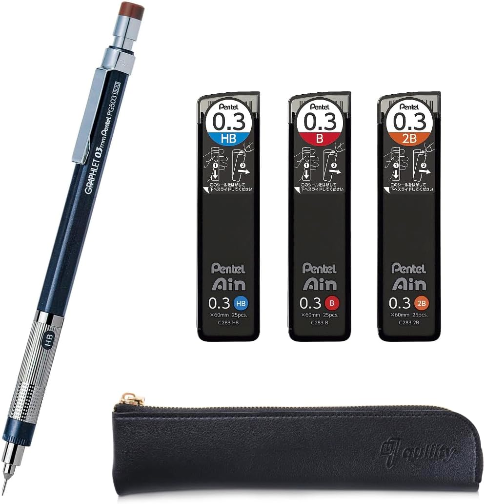 Graphlet Mechanical Drafting Pencil + Ain HB/B/2B leads, original Black slim pen case (0.3mm)