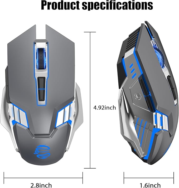 Bluetooth Mouse, Wireless Gaming Mouse with 800mAh Rechargeable Battery, 3 Modes(BT5.0/3.0+2.4G), 7 Buttons, Ergonomic RGB Light up Computer Mouse for Laptop/PC/iPad/Tablet/Mac/Office/Games - Grey