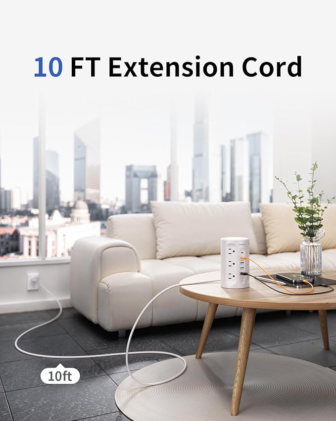 Surge Protector Power Strip Tower with 5 USB Ports and Night Light,10FT Extension Cord with 12 AC Multiple Outlets (White)