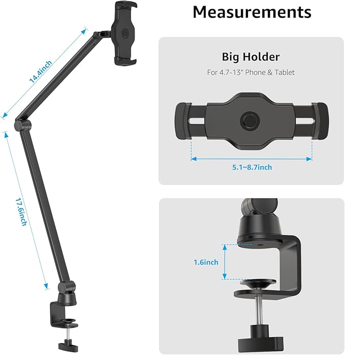 BEWISER Tablet Stand Holder Desk Mount,360°Rotating Flexibly, Angle Adjustable Long Arm, Folding Aluminium Alloy Compatible with4.7-13" Phone or Tablet in Kitchen/Office(Black)