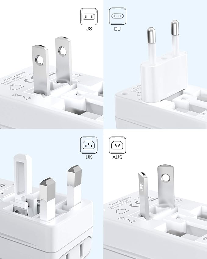 BESTEK Worldwide Travel Plug Adapter, Dual 100-250V Input Plug Adapter Universal All-in-One Travel Adapter Travel Power Adapter for UK, Europe, AU, JP, US, Type A/I/G/C - 2 Pack