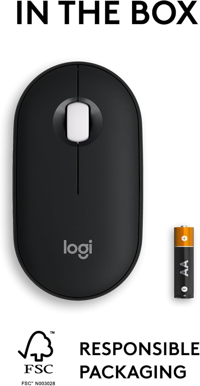 Logitech Pebble Mouse 2 M350s Slim Bluetooth Wireless Mouse, Portable, Lightweight, Customizable Button, Quiet Clicks, Easy-Switch for Windows, macOS, iPadOS, Android, Chrome OS - Black