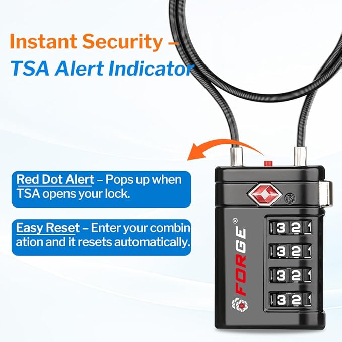 Forge TSA Approved Luggage Locks 4 Digit Combination TSA Travel Locks with TSA008, Open Alert Indicator, Zinc Alloy Body for Luggage, Suitcase, Backpack, and More. 1 15'' Cable Locks.