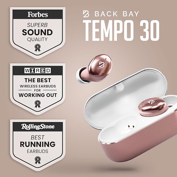 Back Bay Audio Tempo 30 Wireless Earbuds for Small Ears - Award-Winning Sound, Sweatproof Bluetooth Earbuds, Comfortable Ear Buds for Women, Pink Earphones Small Ear Canals, Long Battery Headphones