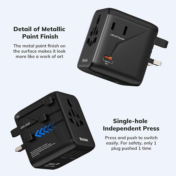 Hichain 7-in-1 Universal Travel Adapter 35W, Fast Charging GaN Travel Worldwide Universal Power Adapter Block, Compact International Plug Foldable European Travel Plug Adapter Global Vacation Holiday