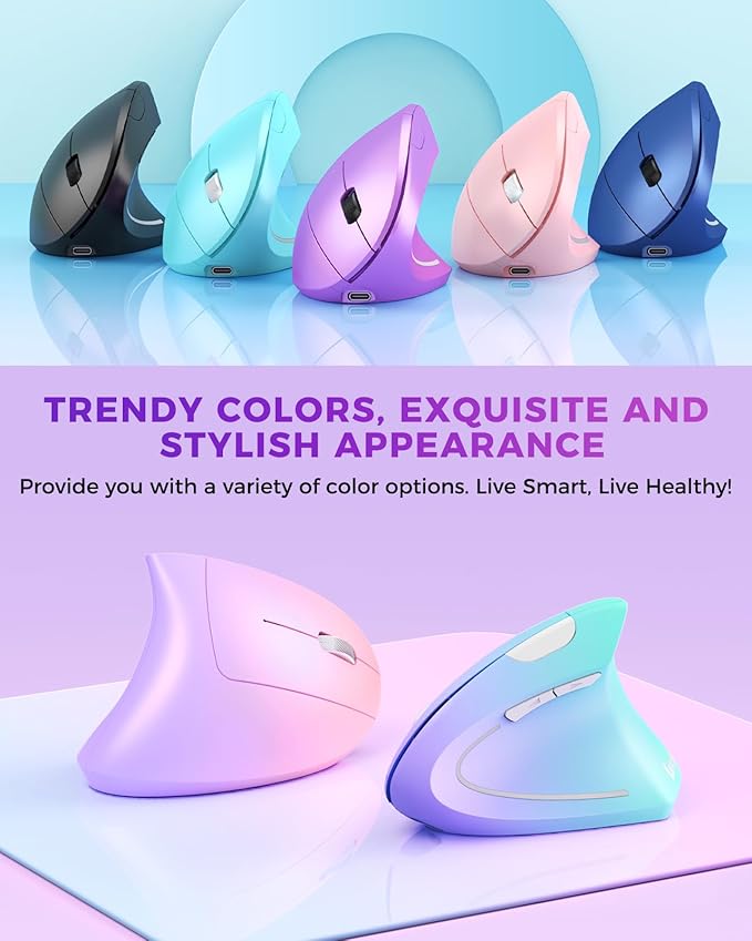 Lekvey Ergonomic Mouse, Wireless Vertical Mouse Rechargeable 2.4 GHz Optical Carpal Tunnel Mice : 800/1200 / 1600 DPI, 6 Buttons, for Laptop, PC, Computer, Desktop, Notebook etc, Purple