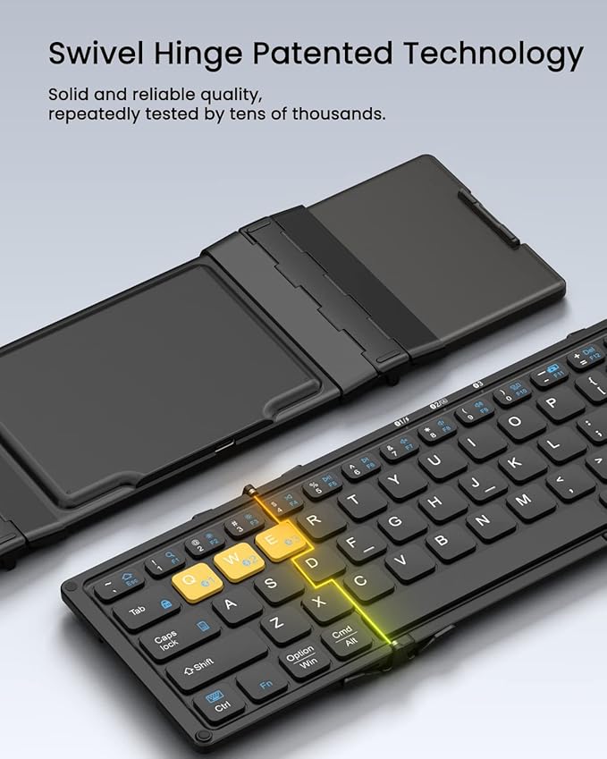Foldable Bluetooth Keyboard, Wireless Portable Keyboard with Larger Touchpad, Pocket-Sized Folding Travel Keyboard for MacOS Android Windows iOS, Sync Up to 3 Devices (BT5.1 x 3)