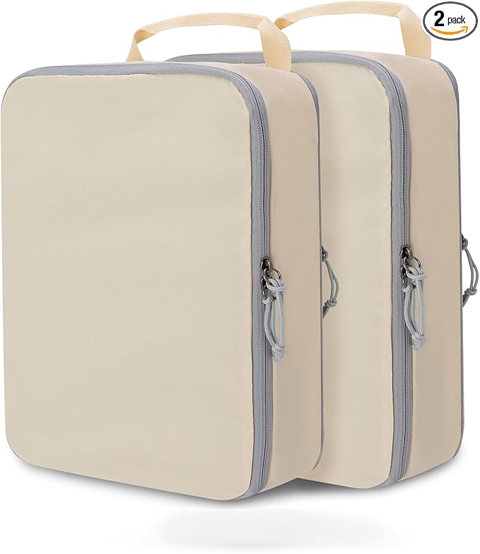 Large Compression Packing Cubes for Travel, 2 Set Compression Bags Travel Cubes for Packing Suitcase Luggage Organizer, Beige