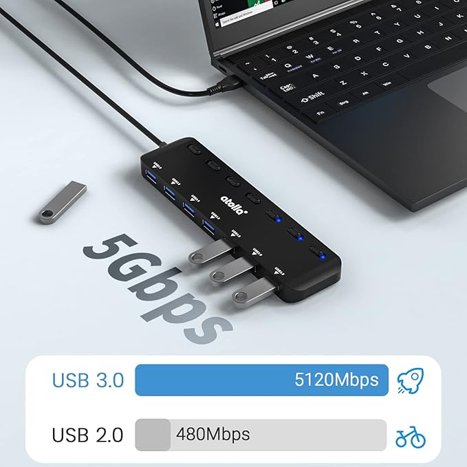 atolla USB 3.0 hub, 7 ports, Multi USB 3.0, SuperSpeed 5 Gbit/s, USB adapter with 7 switches and individual indicators, compatible with Windows, Mac OS, Linux and other operating systems