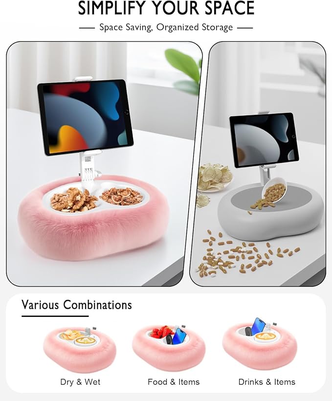 Tablet Pillow Stand, Compatible with 4.7"-12.9" Kindle, iPad, Phone/Tablet, Google, 360° Rotating Phone Holder for Bed, Detachable Bowl, Reading and Relaxation on Bed, Pink, Large (Faux Fur Pillow)