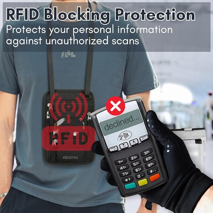 elzama Travel Neck Wallet, Neck Passport Holder, RFID Blocking Passport Wallet Super Slim & Lightweight Travel Pouch Holder for Men & Women (Black)