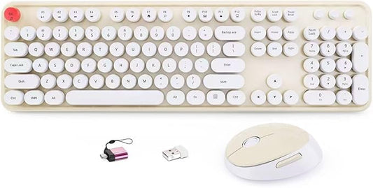 HotFox Wireless Keyboard and Mouse Combo, Full-Size Retro Typewriter Keyboard with Round Keycaps, Ergonomic Design for Windows PC, Home and Office Use - Cream
