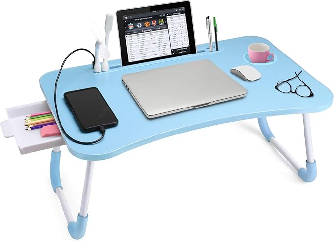 Slendor Lap Desk with Tablet Slot, Foldable Laptop Table with Storage Drawer for Bed，Portable Bed Desk for Laptop, Computer Tray with Cup Holder Notebook Stand Reading Holder for Couch Floor, Blue