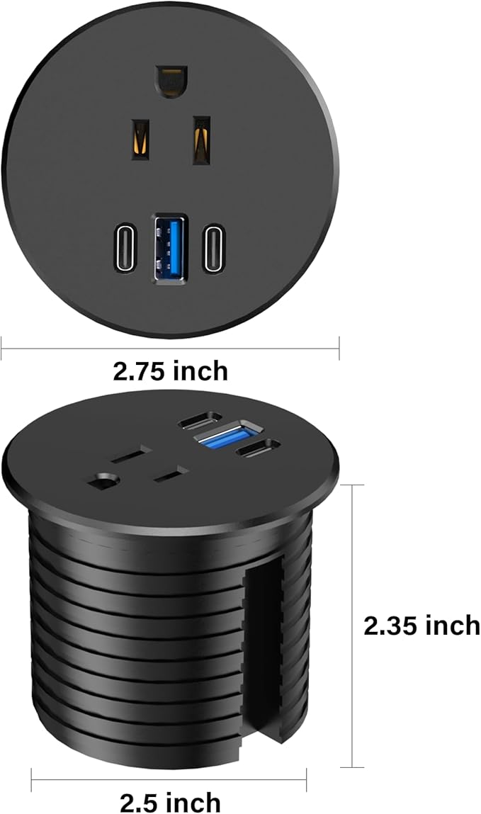 2.5 inch Power Grommet,20W USB-C Charging,1 Outlet with 2 USB C,1 USB Port,Furniture Flush Mount for Desktop,Recessed Power Strip,Workspace Essential Desk Outlet (Black, 6 FT)