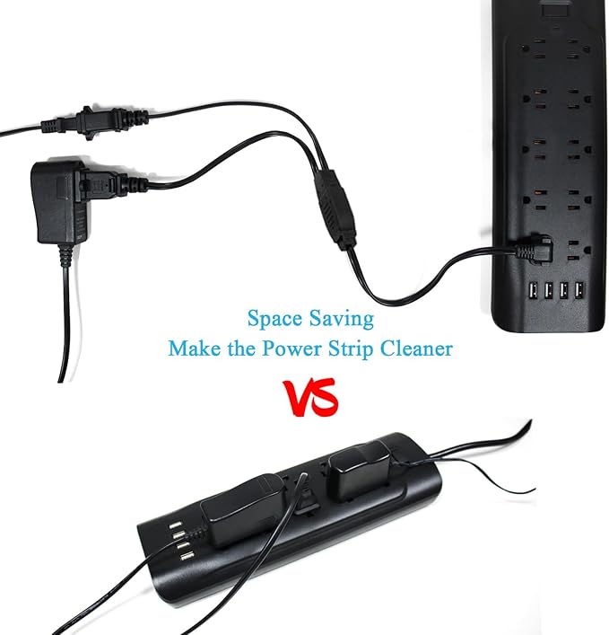 Extension Cord Splitter,1.64FT Short Extension Cord,2 Prong Flat Plug,Power Y-Splitter Cable Right Angled Polarized Plug for Christmas Lights,Home Decor,Office,Black