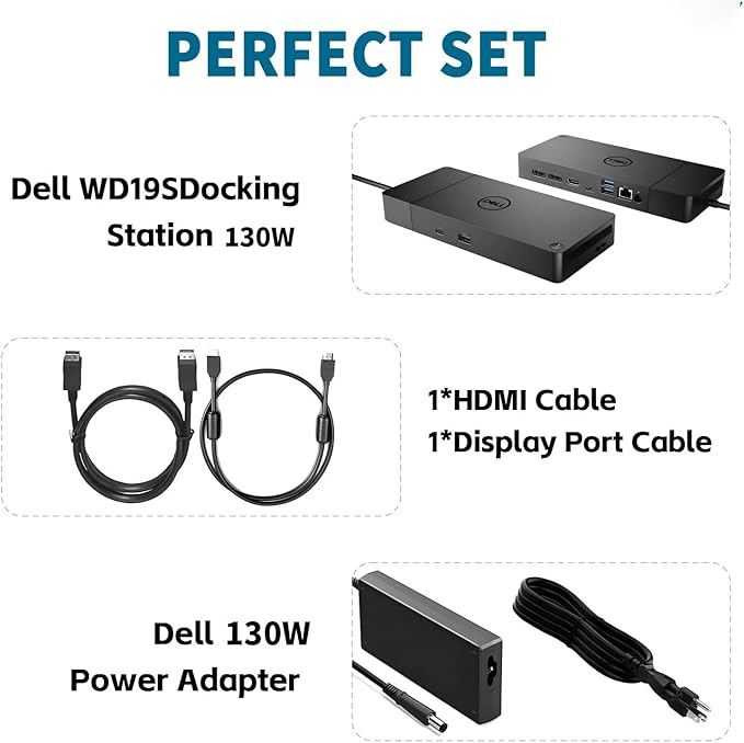 Dell WD19S 130W Docking Station, HDMI/Dual DisplayPort, Dell Docking Station with 90W Power Delivery, Dual Monitor Support,Bundle with 130W Adapter, HDMI/DP Cables (Renewed)