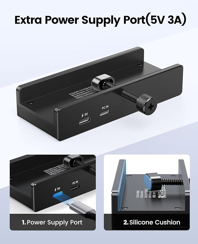 ORICO USB Hub 3.0, Clamp USB Hub with Extra Power Port, Aluminum USB C Adapter with 2 USB-A Data Ports,3.5mm AUX, SD/TF Card Reader for Desktop(Black)