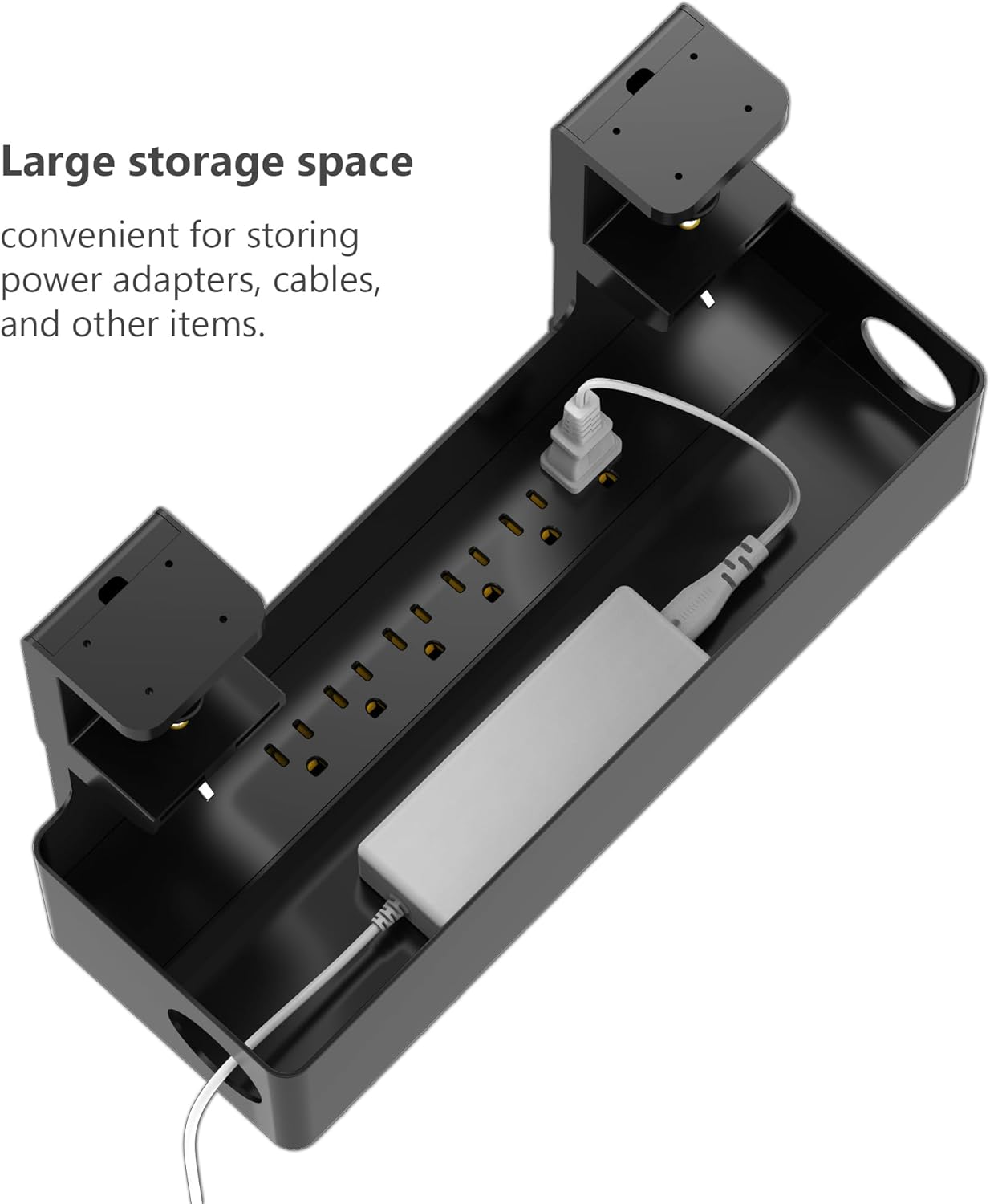 Under Desk Cable Management Tray with 6 AC Power Outlet and Clamp Mount, No Drill Cord Storage Organizers for Wire Management, Standing Desk , Computer Desk Accessories for Office & Home（Black）