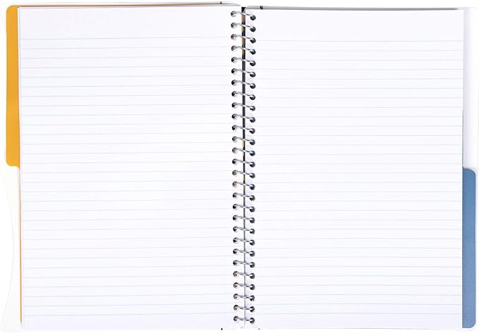 Mintra Office Durable PREMIUM Spiral Notebook, ((White, 2 Subject (6in x 9.5in)), Wire, Fabric Covered Coils, No Snags, Removable Adjustable Pocket Dividers, Ruler, Organization, Customizable