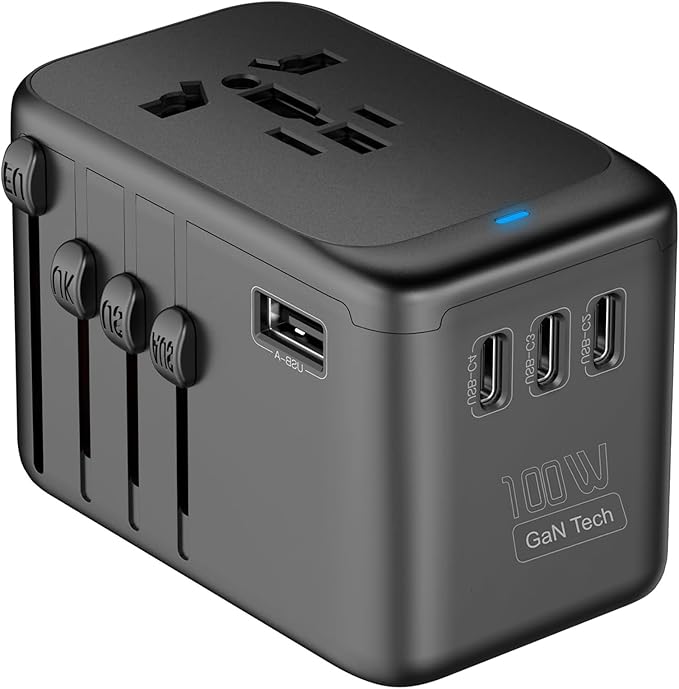 JMFONE Universal Travel Adapter with GaN 100W,International Power Plug Adapter 5 Port [4*USB C+1*USB A] and Multi AC Sockets, All-in-one Travel Outlet Plugs for 200+ Countries